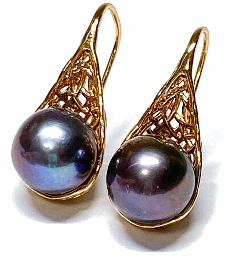 Superb 10mm Edison Purple Black Blue Cultured Pearl Dangle Hook Earrings