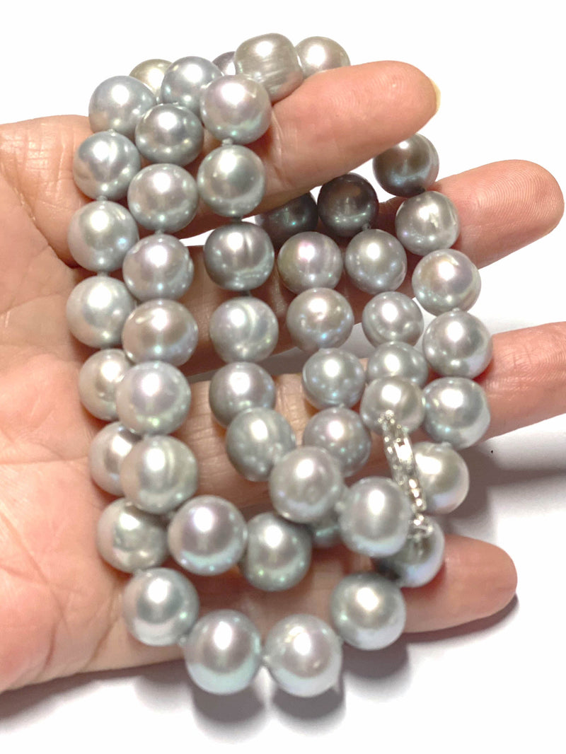 Genuine 8.5 - 10mm Silver Gray Cultured Oval Round Pearl 21" Necklace