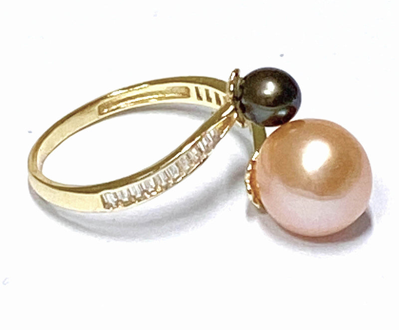 Round 5.3 & 9.3mm Edison Peach Black Double Pearls Ring Size 8