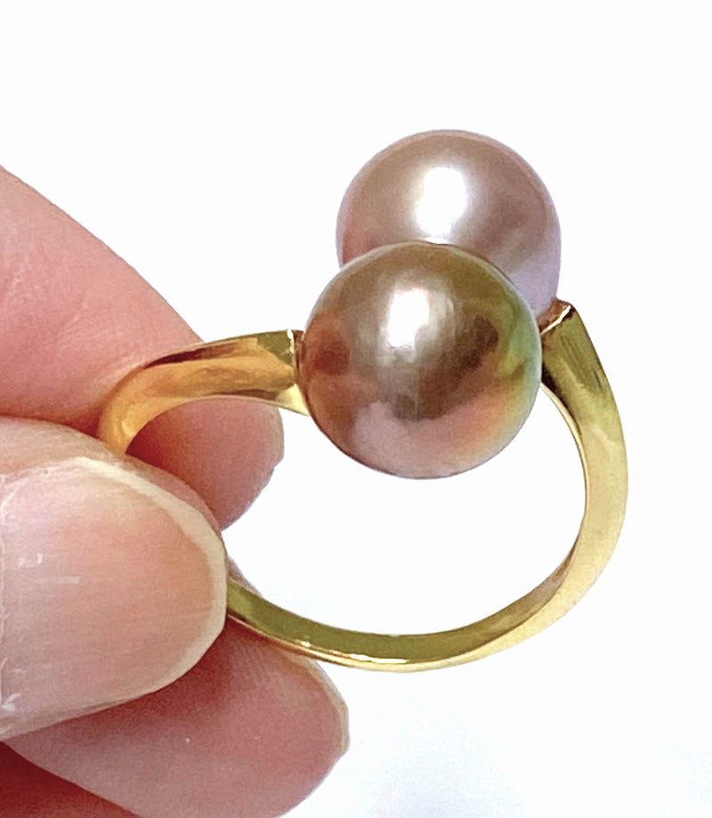 Round 9 - 9.5mm Edison Purple Rose Double Cultured Pearls Ring Size 8