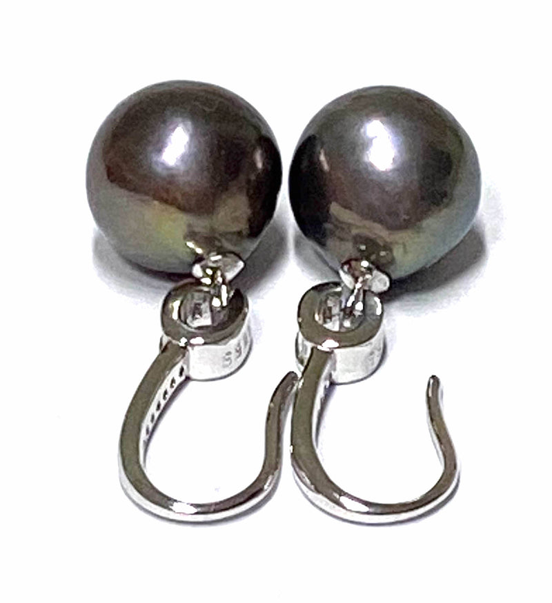Oval 11.5 x 12mm Peacock Black Green Edison Pearl Dangle Earrings