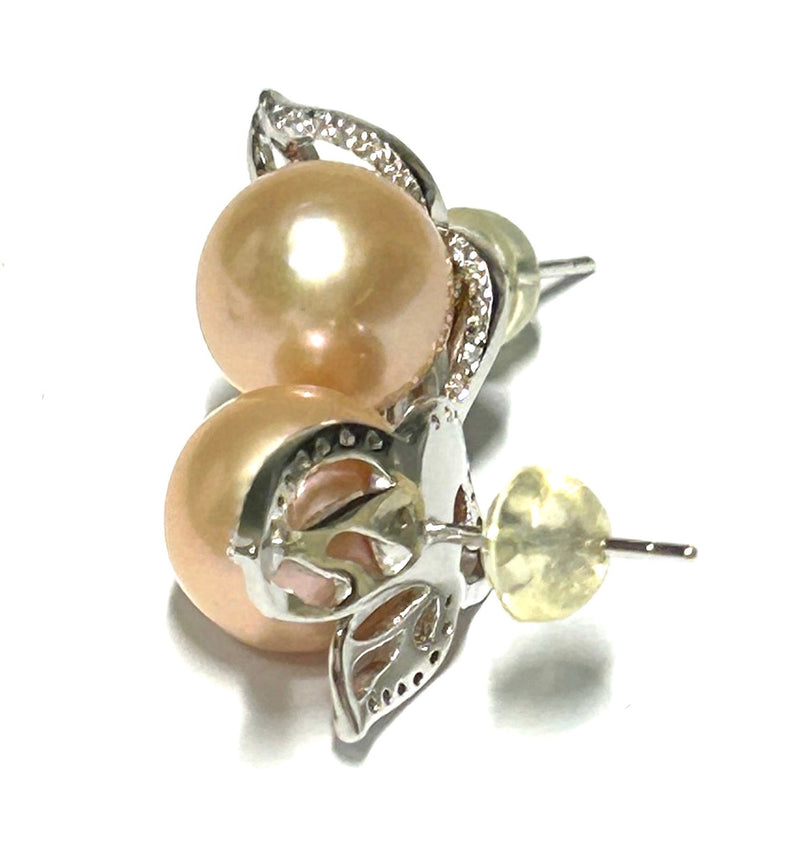 Gorgeous 9.5 - 10mm Peach Pink Edison Round Cultured Pearl Stud Earrings