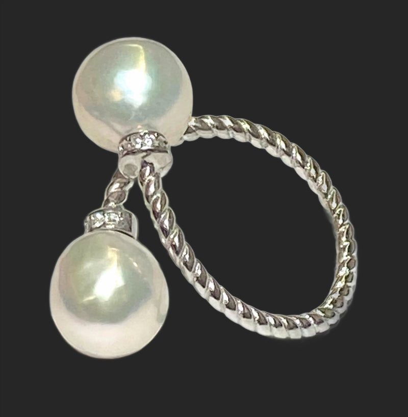 Double Pearls Edison White Round 9 - 9.5mm Mirror Luster Ring Size 6 - 7