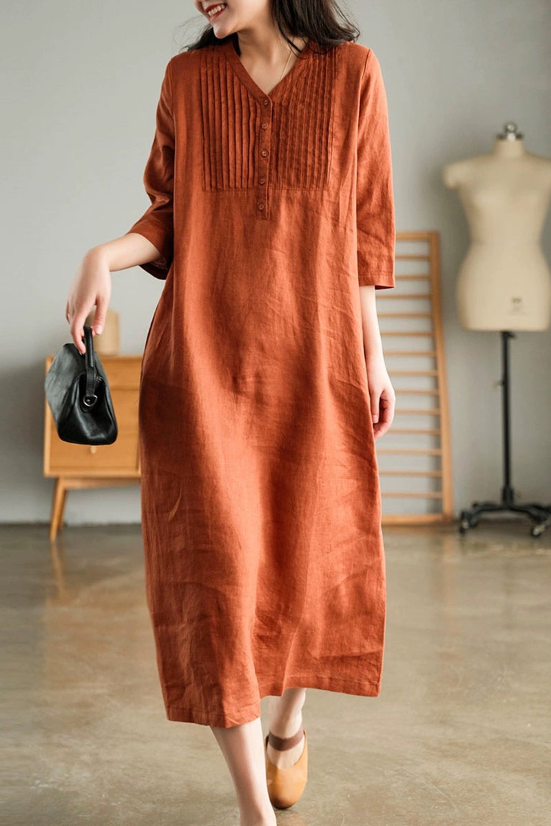 Fashionable 5 Colors 4 Over Sizes Women Linen Half Sleeves Dress