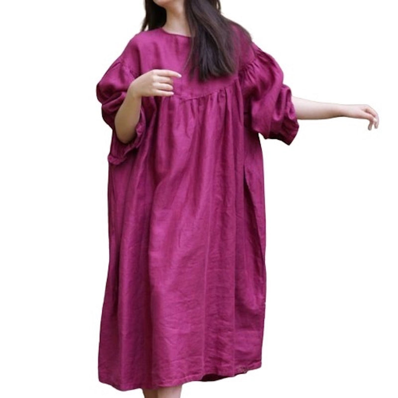 100% Linen Cotton Loose Fit Oversized Rose Red Long Sleeves Long Dress