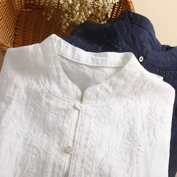 Pine Embroidery Stand Collar White and Navy Shirts Oversized