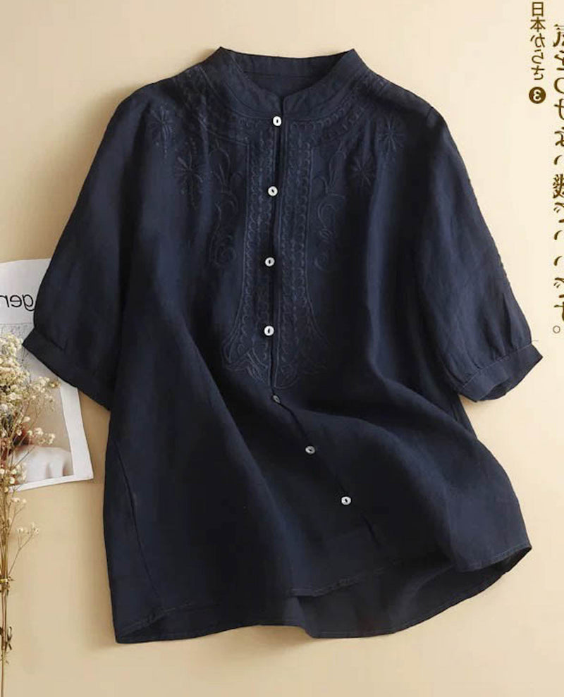 Pine Embroidery Stand Collar White and Navy Shirts Oversized