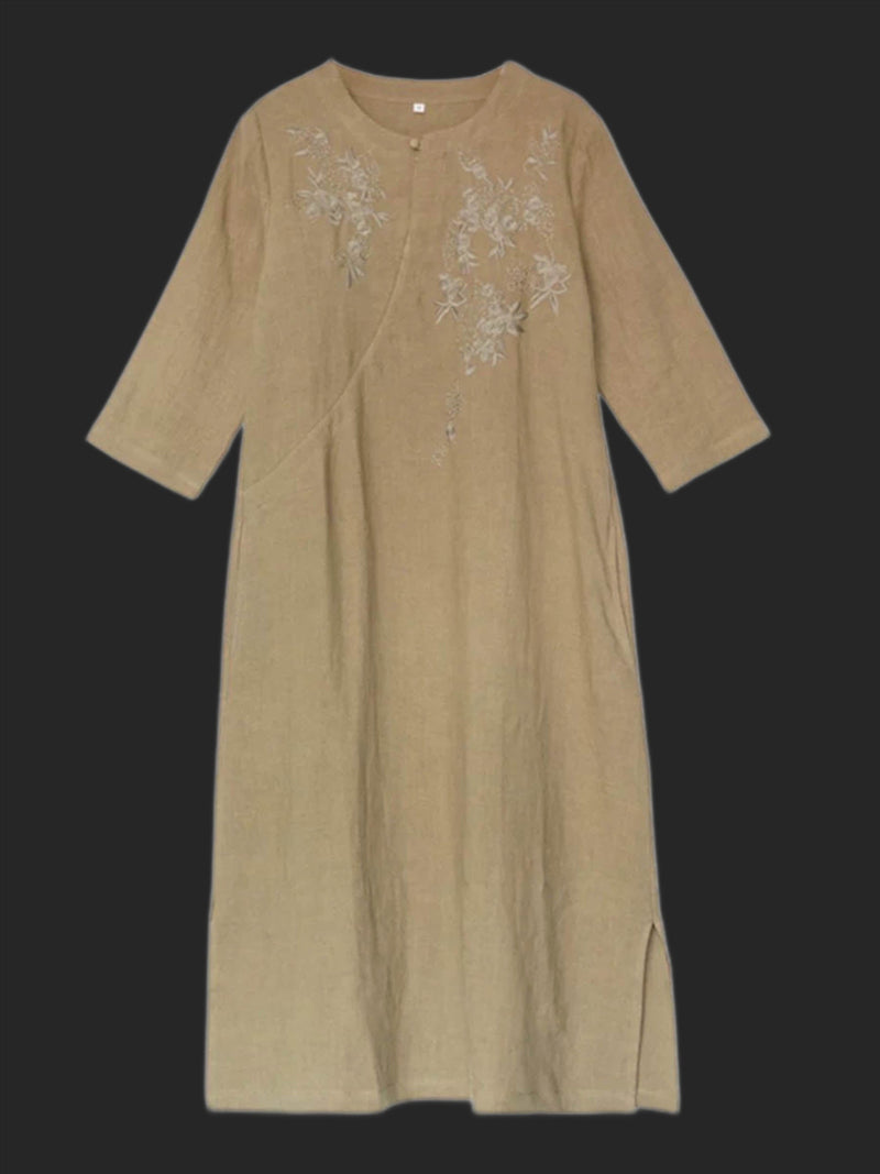 Casual Retro embroidered cotton linen cheongsam long women dress