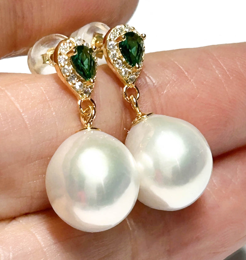 Round 10 - 10.5mm White Green Stone Edison Cultured Pearl Stud Earrings