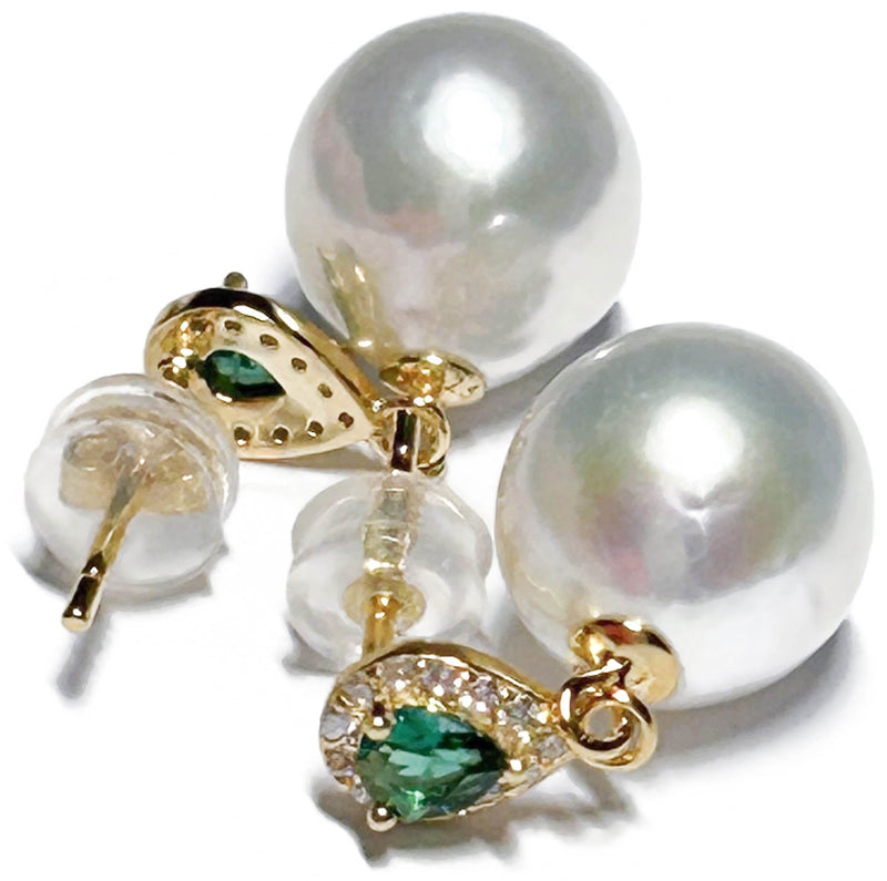 Round 10 - 10.5mm White Green Stone Edison Cultured Pearl Stud Earrings