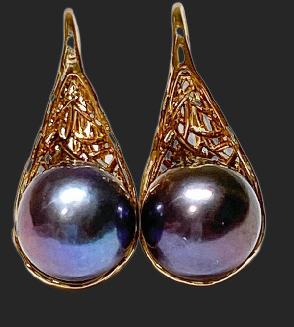 Superb 10mm Edison Purple Black Blue Cultured Pearl Dangle Hook Earrings