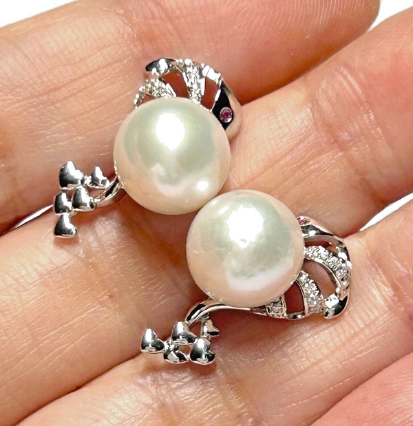 Handmade Dolphin 10mm White Round Edison Cultured Pearl Earrings