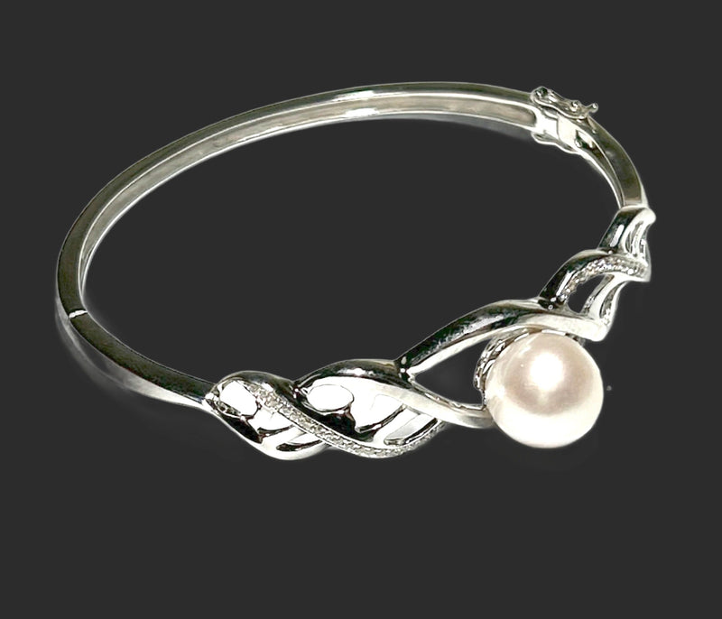 925 Sterling Silver 10.5-11mm White Edison Round Pearl 7 - 7.5" Bangle