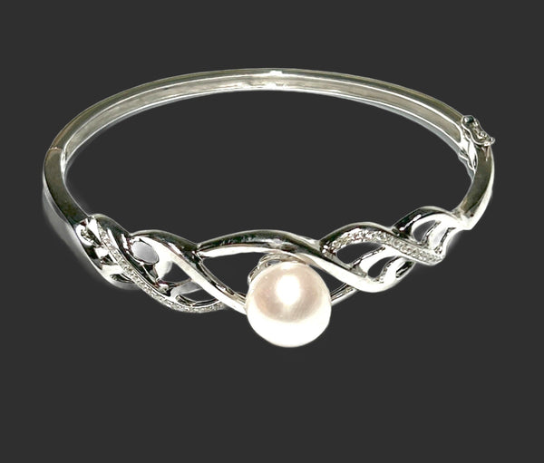 925 Sterling Silver 10.5-11mm White Edison Round Pearl 7 - 7.5" Bangle