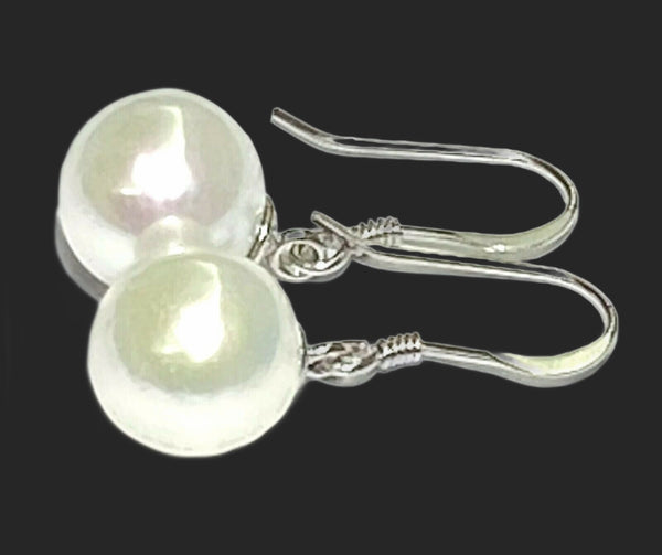 Classic White Round 9.5 -10mm Edison Cultured Pearl Dangle Hook Earrings