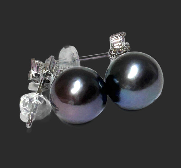 Round 10.5-11mm Edison Purple Black Blue Cultured Pearl Dangle Earrings