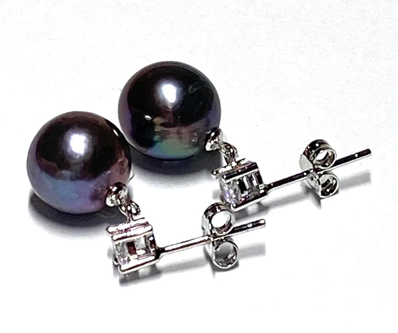 Gorgeous 10.4mm Edison Peacock Black Pink Round Pearl Dangle Earrings