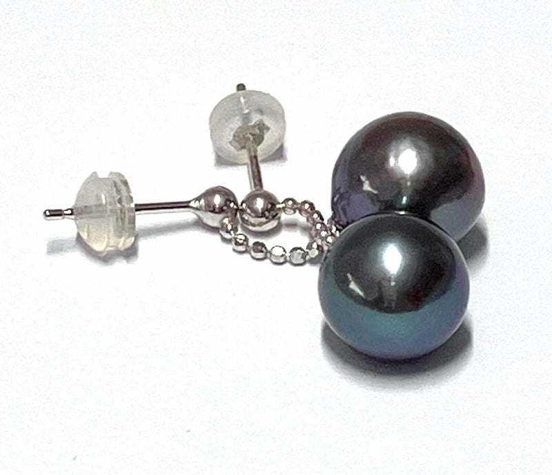 10.0mm Peacock Black Blue Edison Cultured Pearl Dangle Earrings