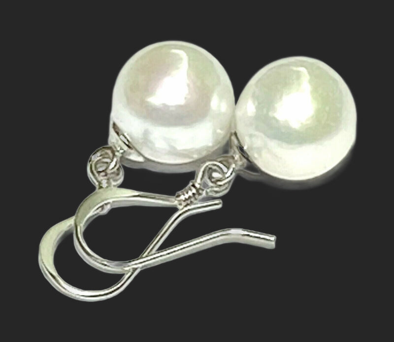 Classic White Round 9.5 -10mm Edison Cultured Pearl Dangle Hook Earrings