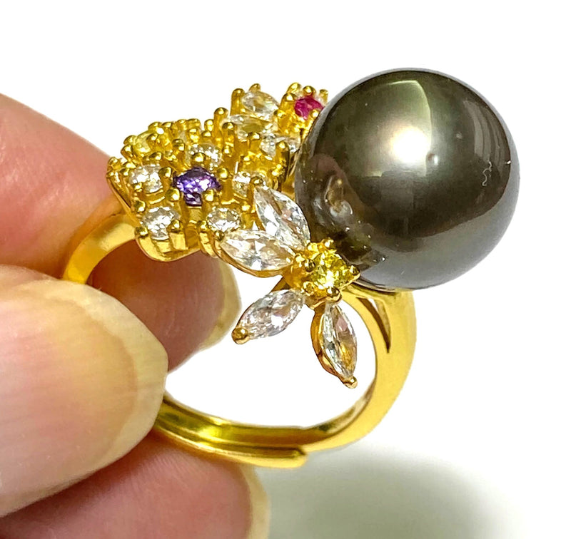 Cocktail Natural Peacock Black 11.5mm Round Tahitian Pearl Ring Size 6-7