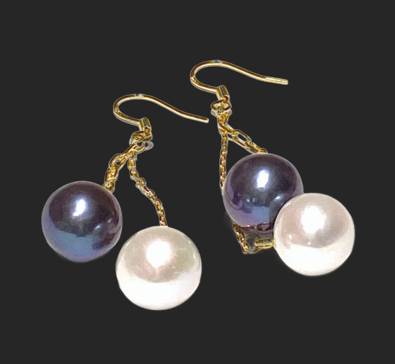 Double White and Black 10- 10.5mm Round Edison Pearl Dangle Earrings