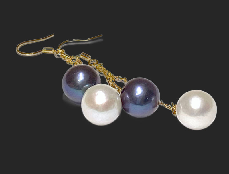 Double White and Black 10- 10.5mm Round Edison Pearl Dangle Earrings