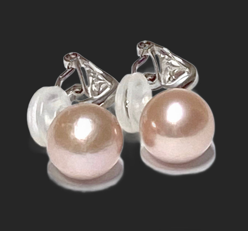 5A Luster 10 - 10.5mm Purple Rose Pink Round Edison Pearl Clip Earrings