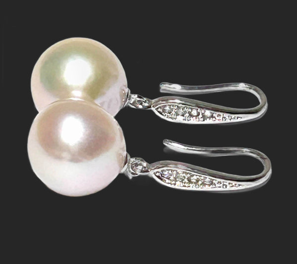 Round 11.5 - 11.7mm White Pink Edison Cultured Pearl Dangle Hook Earrings