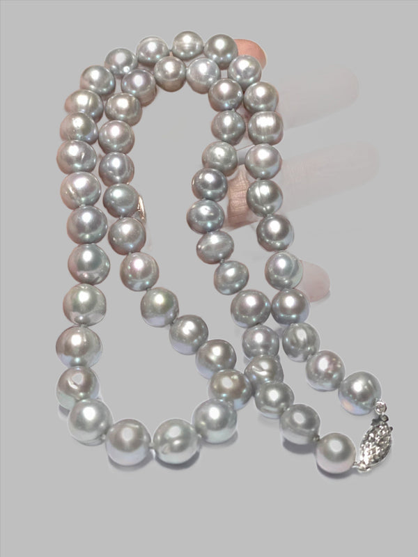 Genuine 8.5 - 10mm Silver Gray Cultured Oval Round Pearl 21" Necklace