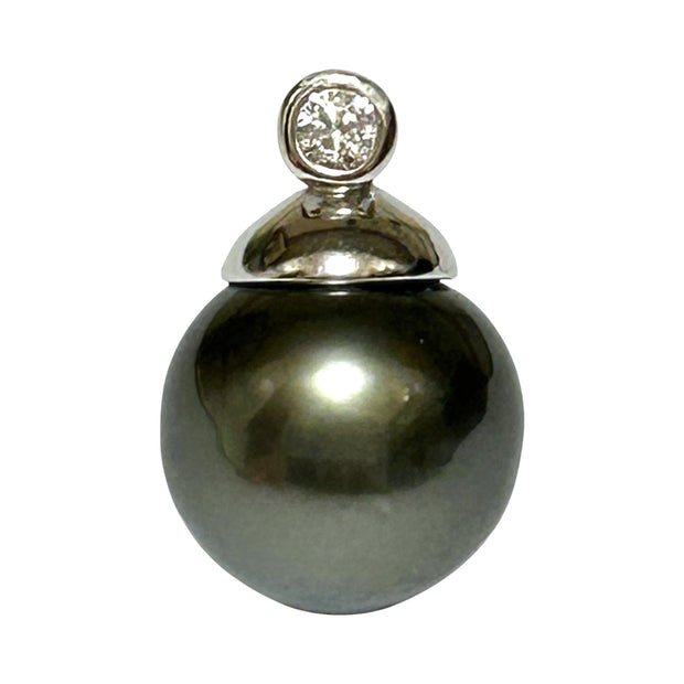 Round 12.4mm Tahitian South Sea Peacock Black Green Pearl Pendant