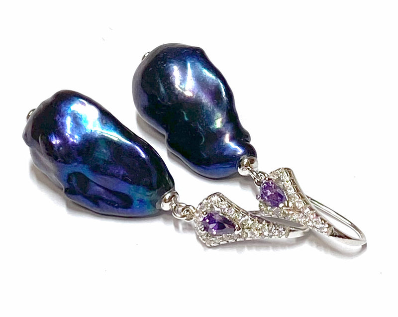 Baroque 14.4 x 23mm Keshi Purple Navy Blue Pearl Dangle Earrings