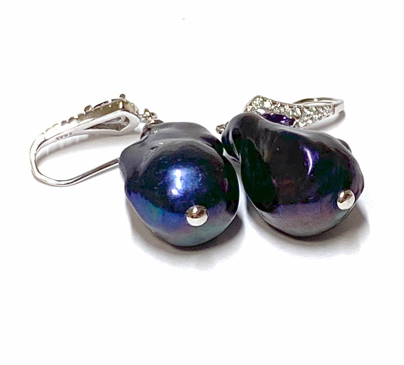 Baroque 14.4 x 23mm Keshi Purple Navy Blue Pearl Dangle Earrings