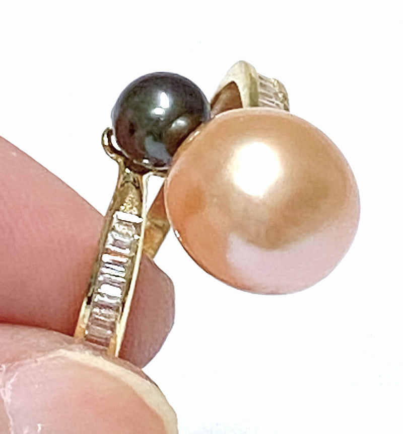 Round 5.3 & 9.3mm Edison Peach Black Double Pearls Ring Size 8