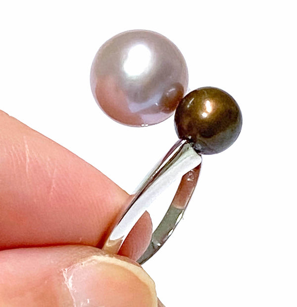 Round 7 & 9.5mm Edison Purple Black Cultured Double Pearls Ring Size 7