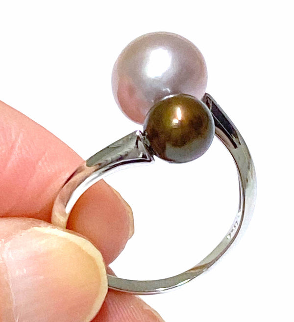 Round 7 & 9.5mm Edison Purple Black Cultured Double Pearls Ring Size 7