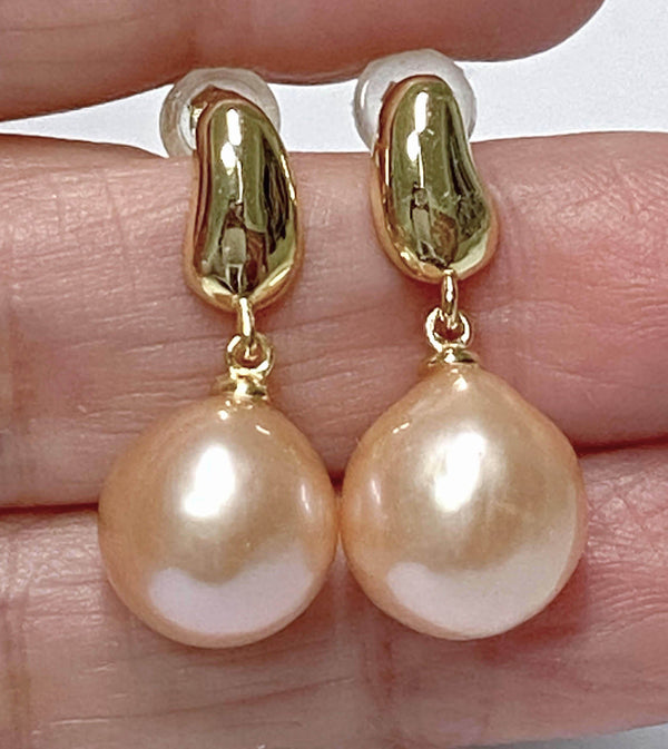 5A Round 10.5-11mm Edison Peach Gold Pink Pearl Dangle Earrings