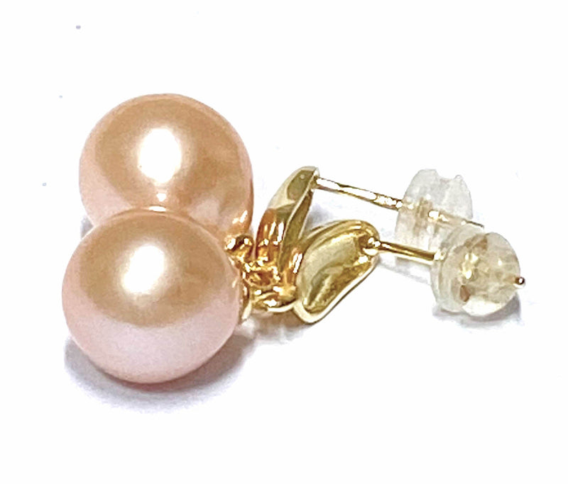 5A Round 10.5-11mm Edison Peach Gold Pink Pearl Dangle Earrings