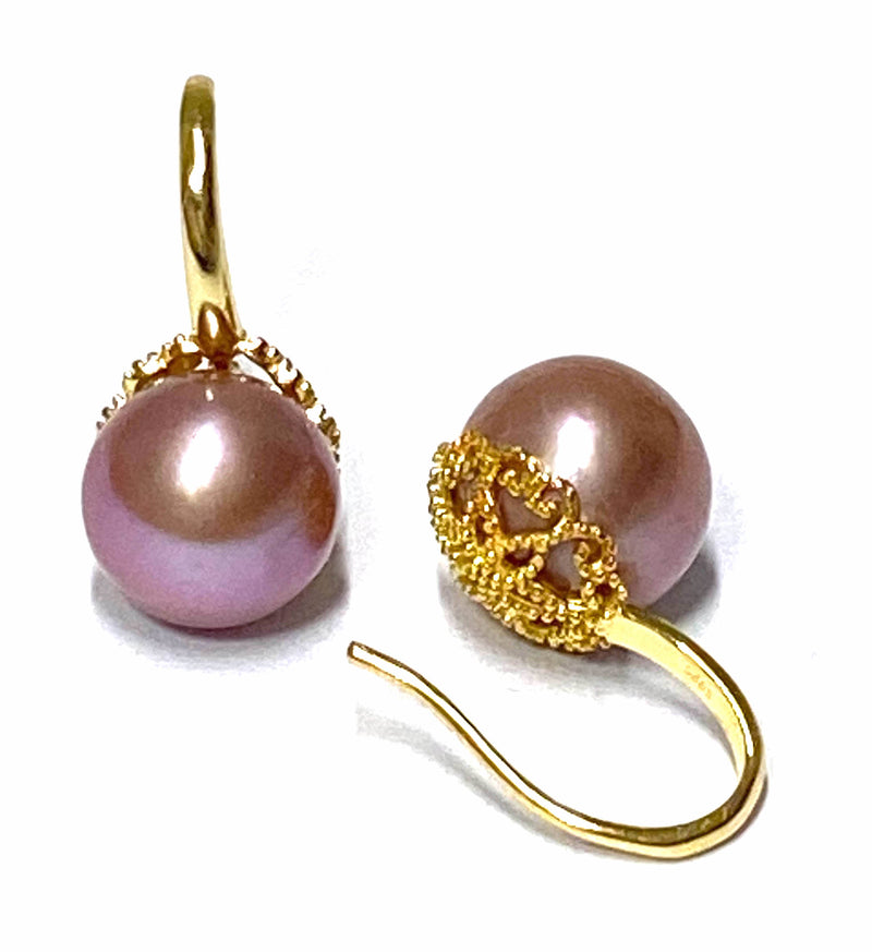 Round 10.5 - 11mm Edison Rich Purple Rainbow Pearl Dangle Earrings