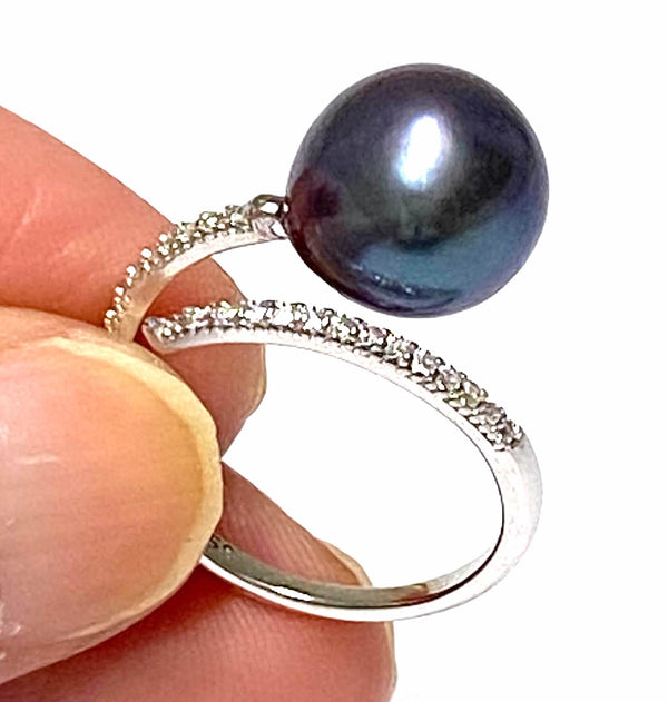 Gorgeous Peacock Black Blue 10.5 - 11mm Edison Round Pearl Ring Size 6
