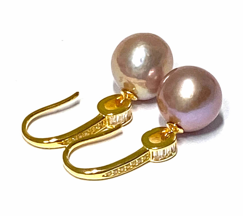 Oval Round 10.5 x 11mm Purple Pink Edison Cultured Pearl Dangle Earrings