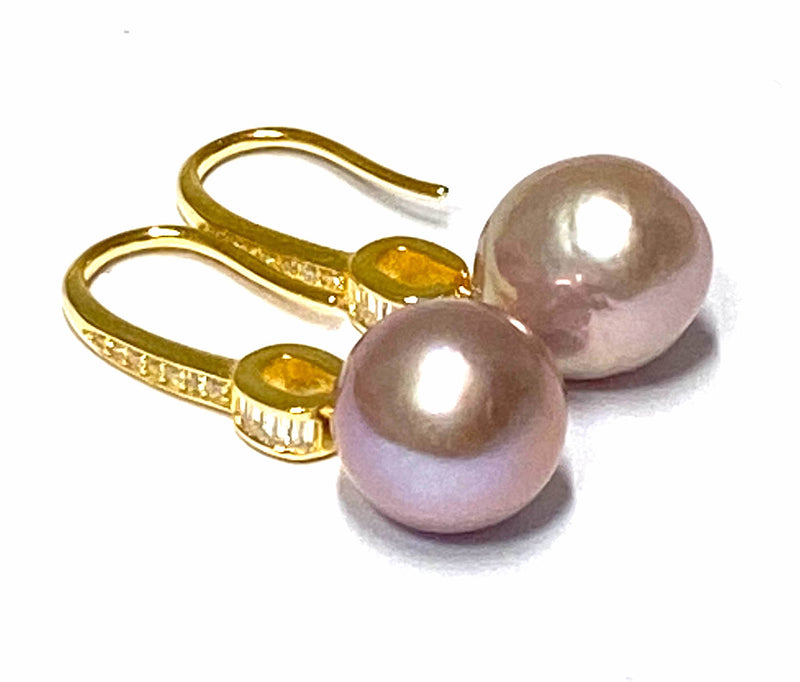 Oval Round 10.5 x 11mm Purple Pink Edison Cultured Pearl Dangle Earrings
