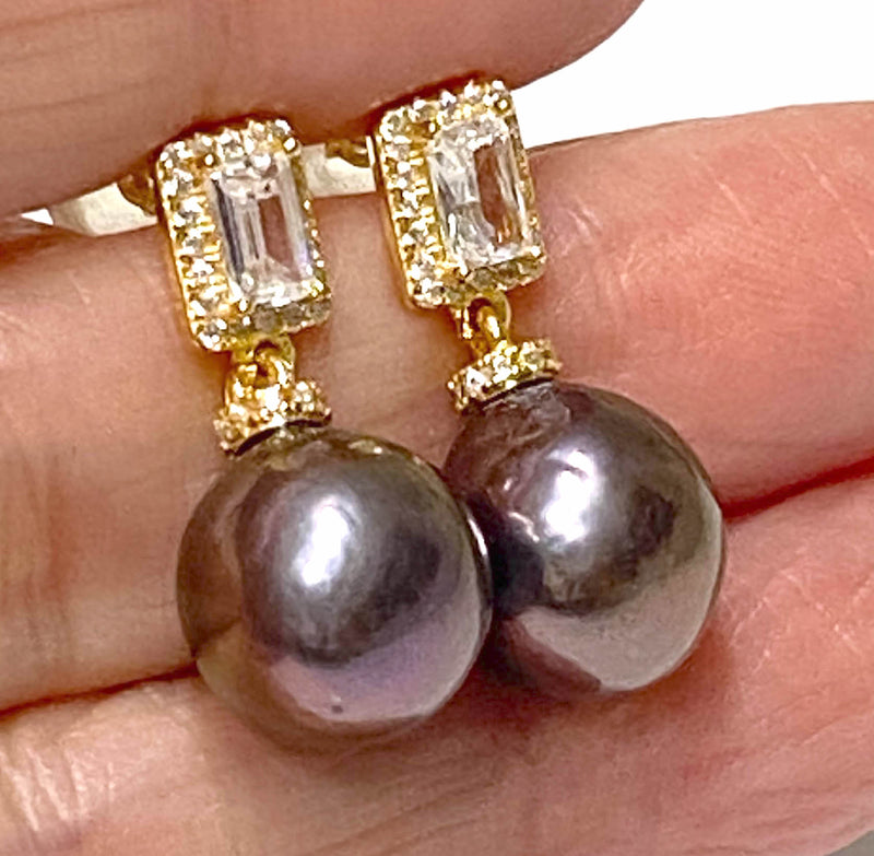 Oval Round 10 x 10.5mm Edison Purple Black Pinkish Pearl Earrings