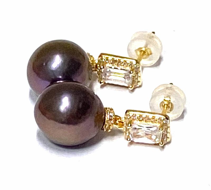 Oval Round 10 x 10.5mm Edison Purple Black Pinkish Pearl Earrings