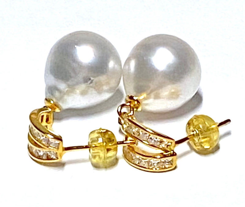 Oval Drop 11.6 x 13.5mm White South Sea Cultured Pearl Earrings