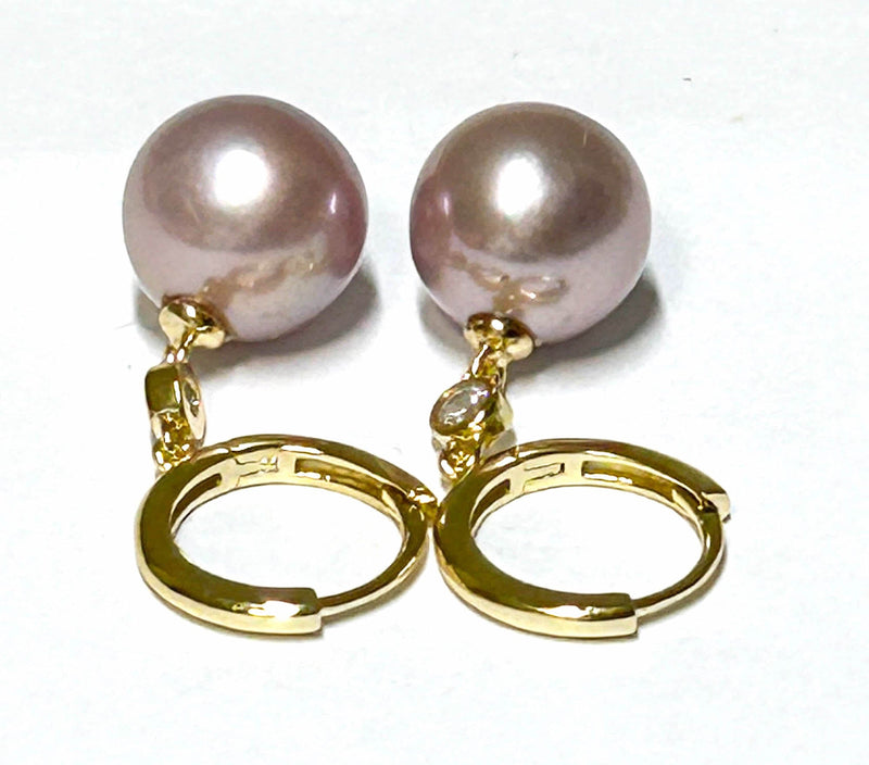 5A Purple Pink Edison Cultured Round 10mm Pearl Dangle Clip-On Earrings
