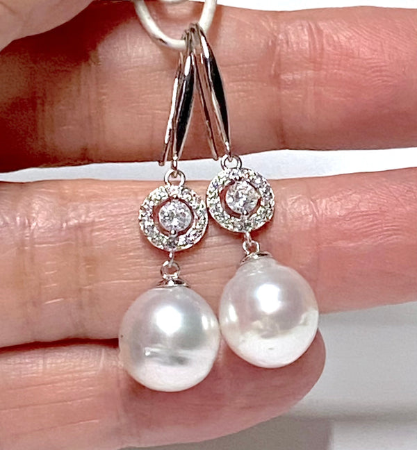 Oval 9.6 x 10.5mm South Sea White Cultured Pearl Dangle Earrings