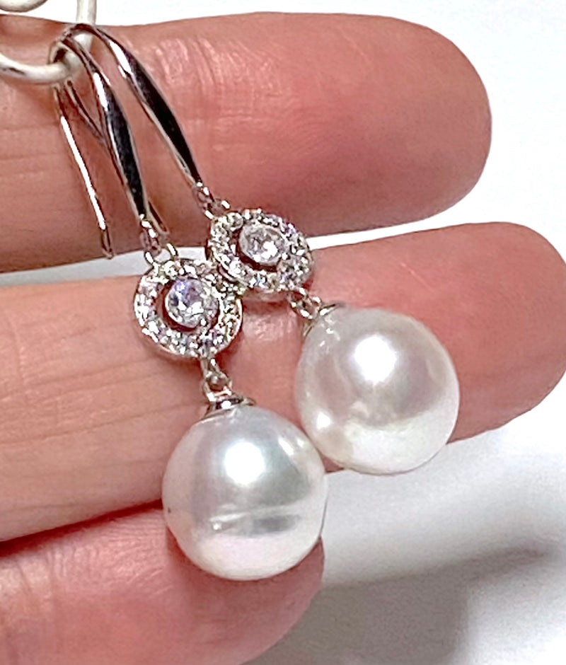 Oval 9.6 x 10.5mm South Sea White Cultured Pearl Dangle Earrings