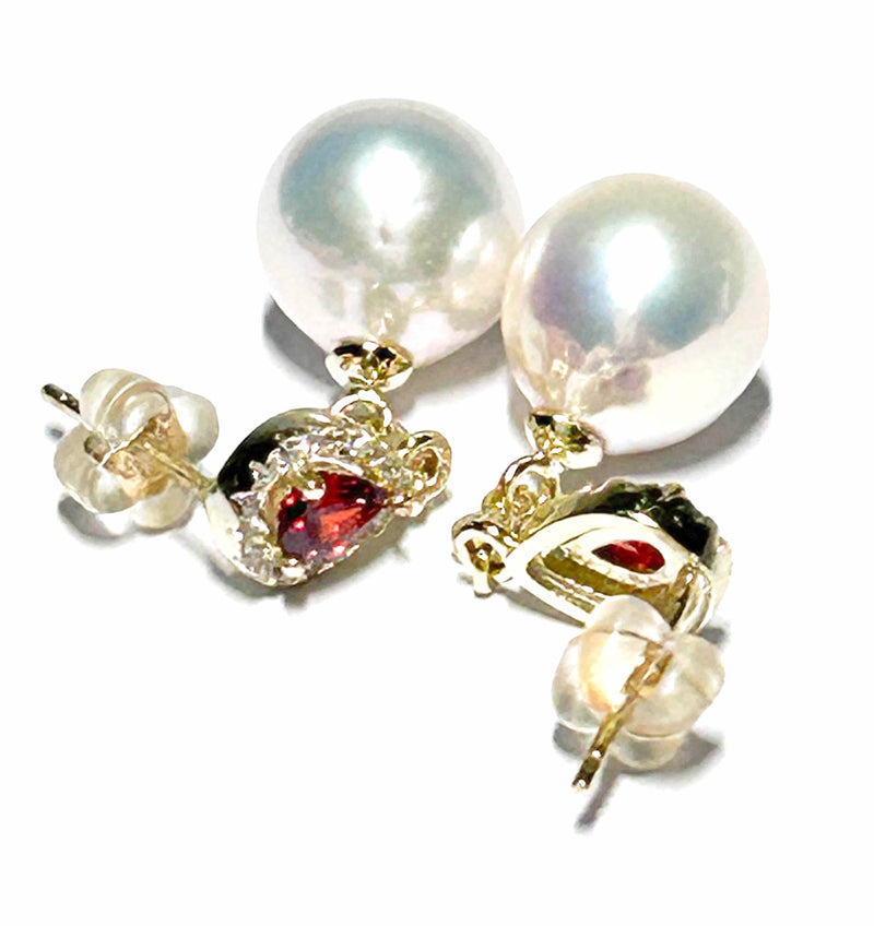 5A Luster 10mm White Round Edison Cultured Pearl Dangle Garnet Earrings
