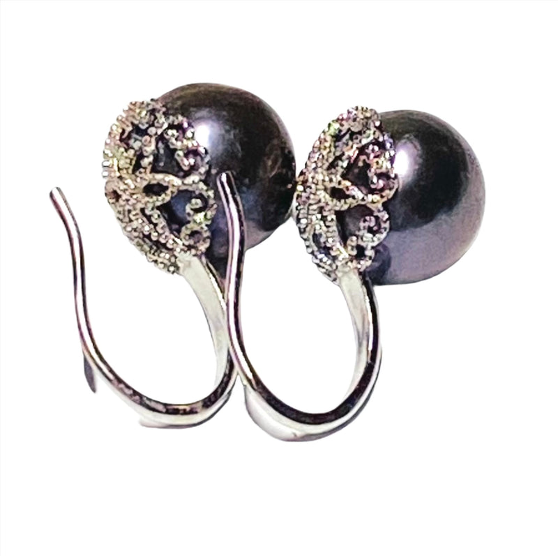 Genuine 10.7mm Edison Peacock Black Pink Round Pearl Dangle Earrings