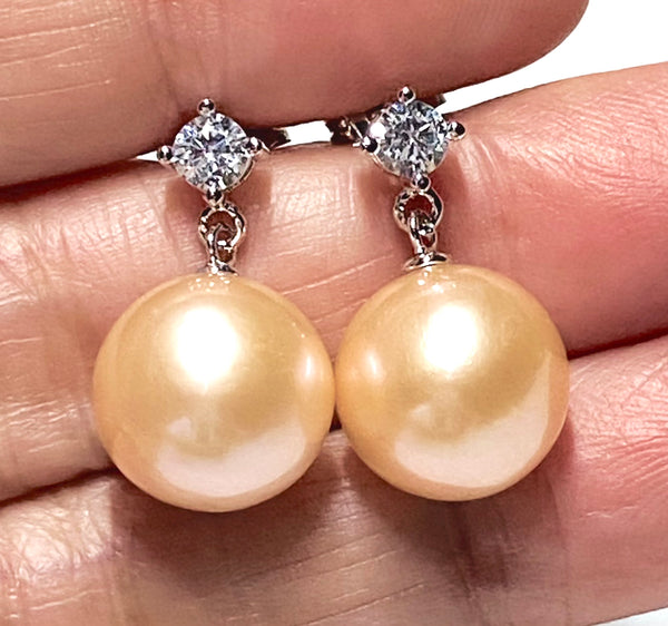 Stunning Huge 11.5mm Peach Gold Pink Edison Cultured Pearl Earrings